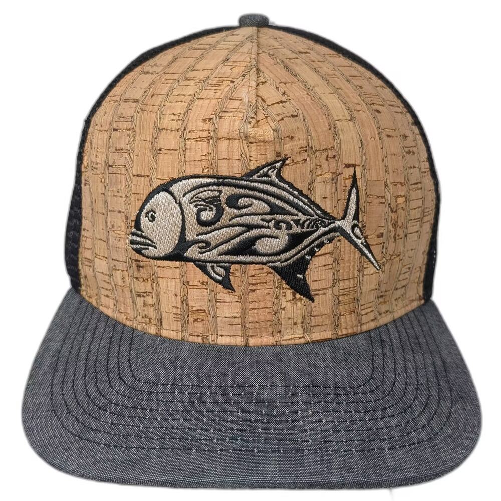 808 Clothing Co. Trucker Hat Beige Gray OS Cork Front Fish Hawaii Maui Snapback
